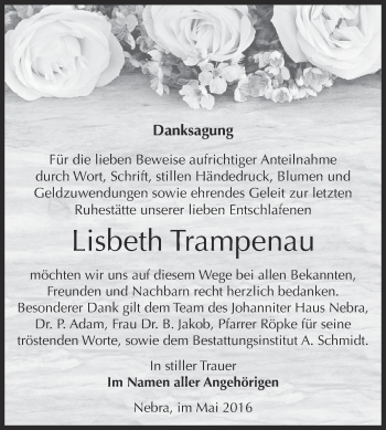 Traueranzeige von Lisbeth Trampenau von WVG - Wochenspiegel NMB / WSF / ZTZ
