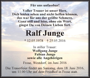 Traueranzeige von Ralf Junge von Mitteldeutsche Zeitung Aschersleben