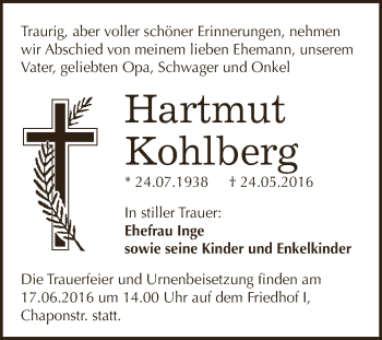 Traueranzeige von Hartmut Kohlberg von WVG - Wochenspiegel Dessau / Köthen