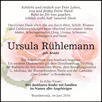 Traueranzeige von Ursula Rühlemann von WVG - Wochenspiegel Merseburg