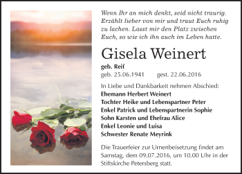 Traueranzeige von Gisela Weinert von Mitteldeutsche Zeitung Halle/Saalkreis