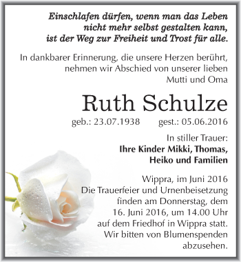 Traueranzeige von Ruth Schulze von Mitteldeutsche Zeitung Mansfelder Land