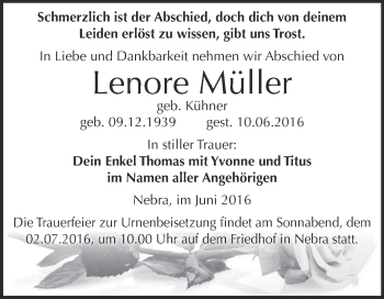 Traueranzeige von Lenore Müller von WVG - Wochenspiegel NMB / WSF / ZTZ