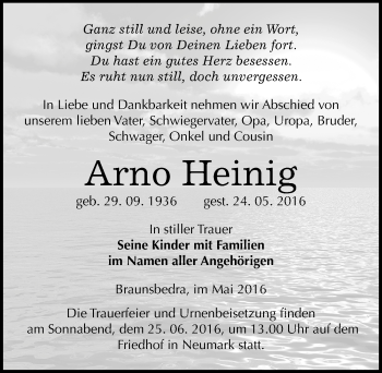 Traueranzeige von Arno Heinig von Mitteldeutsche Zeitung Merseburg/Querfurt