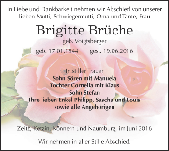 Traueranzeige von Brigitte Brüche von Super Sonntag Zeitz