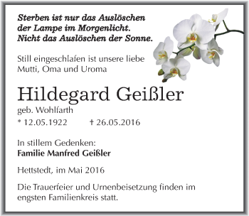 Traueranzeige von Hildegard Geißler von Mitteldeutsche Zeitung Mansfelder Land