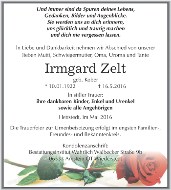 Traueranzeige von Irmgard Zelt von Super Sonntag SGH Mansf. Land