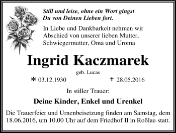 Traueranzeige von Ingrid Kaczmarek von Mitteldeutsche Zeitung Dessau-Roßlau