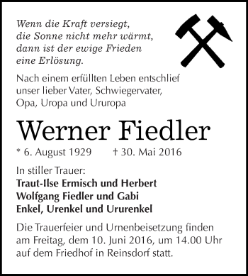 Traueranzeige von Werner Fiedler von WVG - Wochenspiegel Dessau / Köthen