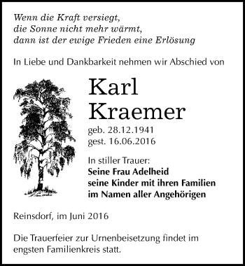 Traueranzeige von Karl Kraemer von Mitteldeutsche Zeitung Naumburg/Nebra