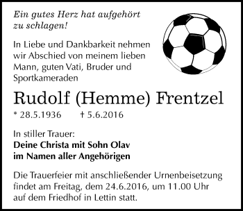 Traueranzeige von Rudolf Frentzel von Mitteldeutsche Zeitung Halle/Saalkreis