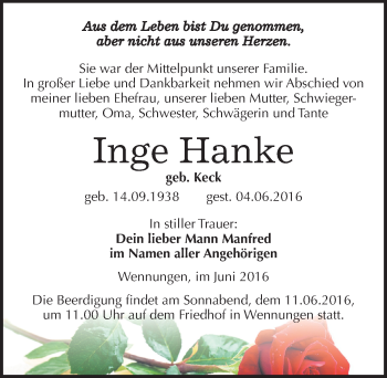 Traueranzeige von Inge Hanke von Mitteldeutsche Zeitung Naumburg/Nebra