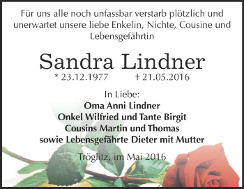 Traueranzeige von Sandra Lindner von Super Sonntag Zeitz