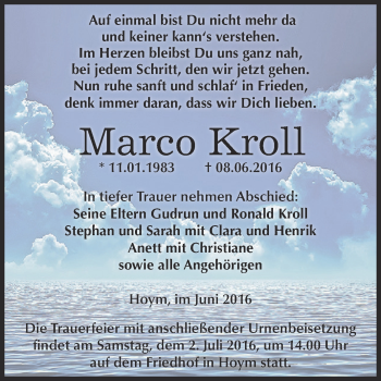 Traueranzeige von Marco Kroll von Super Sonntag Aschersleben