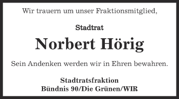 Traueranzeige von Norbert Hörig von Super Sonntag Zeitz