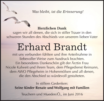 Traueranzeige von Erhard Brandt von Mitteldeutsche Zeitung Weißenfels