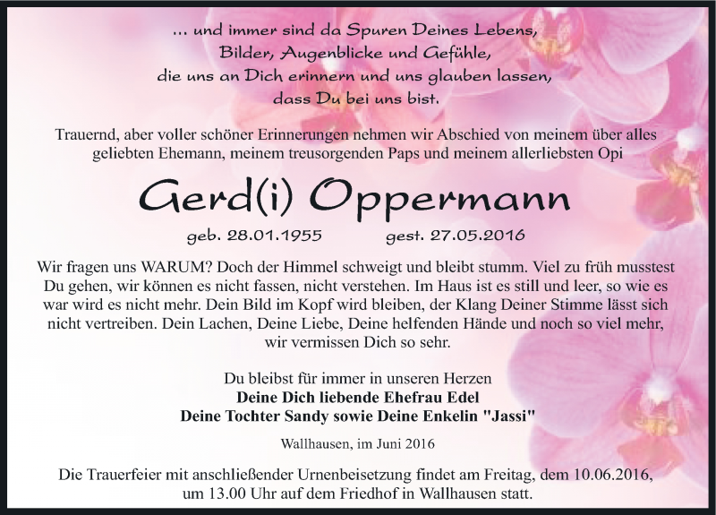  Traueranzeige für Gerd Oppermann vom 02.06.2016 aus Mitteldeutsche Zeitung Sangerhausen