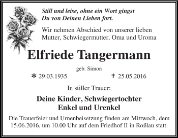 Traueranzeige von Elfriede Tangermann von WVG - Wochenspiegel Dessau / Köthen