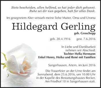 Traueranzeige von Hildegard Gerling von Mitteldeutsche Zeitung Sangerhausen