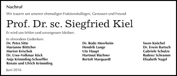 Traueranzeige von Siegfried Kiel von Mitteldeutsche Zeitung Halle/Saalkreis
