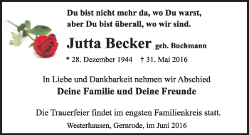 Traueranzeige von Jutta Becker von Mitteldeutsche Zeitung Quedlinburg