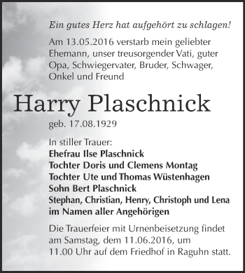 Traueranzeige von Harry Plaschnick von WVG - Wochenspiegel Bitterfeld