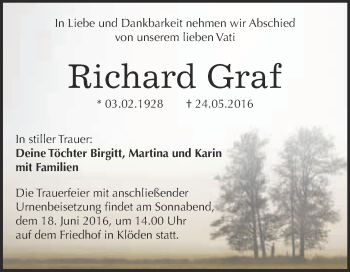 Traueranzeige von Richard Graf von WVG - Wochenspiegel Wittenberg