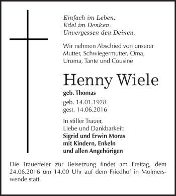 Traueranzeige von Henny Wiele von WVG - Wochenspiegel Quedlinburg