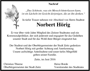 Traueranzeige von Norbert Hörig von Mitteldeutsche Zeitung Zeitz