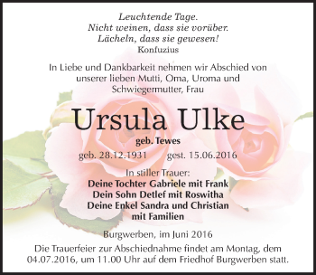 Traueranzeige von Ursula Ulke von Mitteldeutsche Zeitung Weißenfels