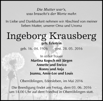 Traueranzeige von Ingeborg Krausberg von Mitteldeutsche Zeitung Sangerhausen