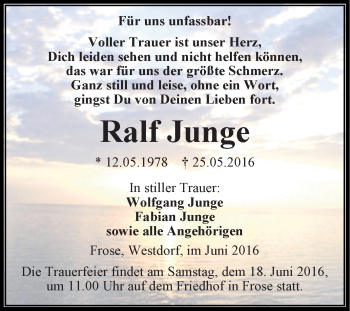 Traueranzeige von Ralf Junge von Super Sonntag Aschersleben