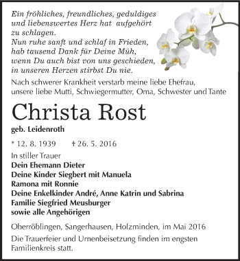 Traueranzeige von Christa Rost von Mitteldeutsche Zeitung Sangerhausen