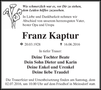 Traueranzeige von Franz Kaptur von WVG - Wochenspiegel Dessau / Köthen