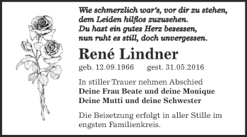 Traueranzeige von Rene Lindner von WVG - Wochenspiegel Dessau / Köthen