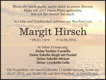 Traueranzeige von Margit Hirsch von Mitteldeutsche Zeitung Dessau-Roßlau