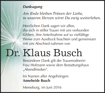 Traueranzeige von Klaus Busch von WVG - Wochenspiegel Merseburg