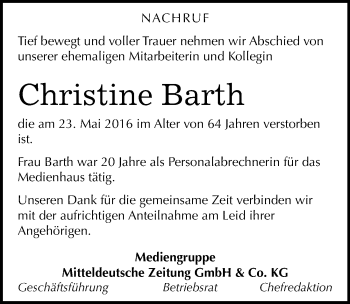 Traueranzeige von Christine Barth von Mitteldeutsche Zeitung Halle/Saalkreis