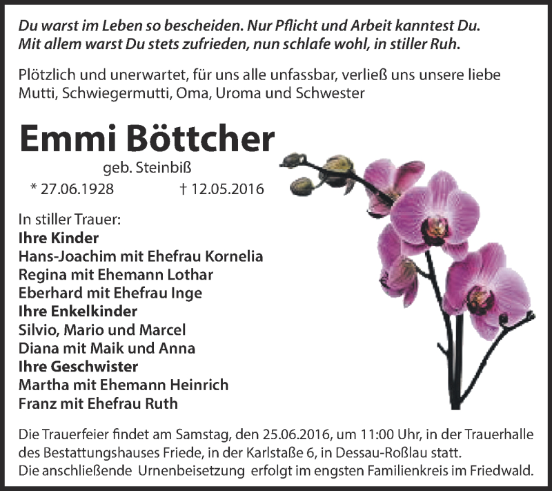  Traueranzeige für Emmi Böttcher vom 18.06.2016 aus WVG - Wochenspiegel Dessau / Köthen