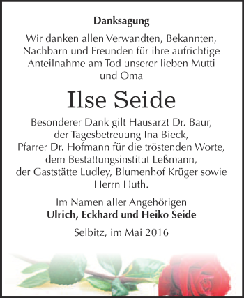 Traueranzeige von Ilse Seide von Super Sonntag Wittenberg