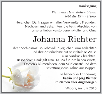 Traueranzeige von Johanna Richter von Mitteldeutsche Zeitung Mansfelder Land
