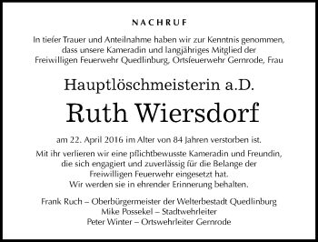 Traueranzeige von Ruth Wiersdorf von Mitteldeutsche Zeitung Quedlinburg