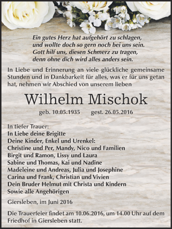 Traueranzeige von Wilhelm Mischok von Super Sonntag Aschersleben