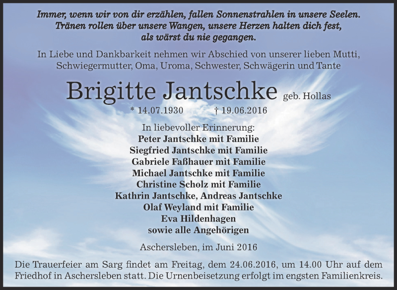  Traueranzeige für Brigitte Jantschke vom 22.06.2016 aus Super Sonntag Aschersleben