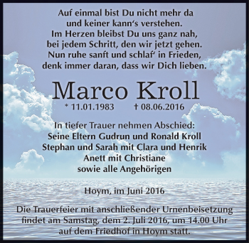 Traueranzeige von Marco Kroll von Mitteldeutsche Zeitung Aschersleben