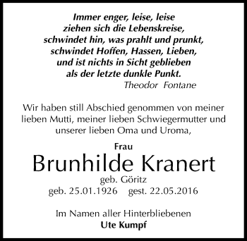 Traueranzeige von Brunhilde Kranert von Mitteldeutsche Zeitung Bernburg