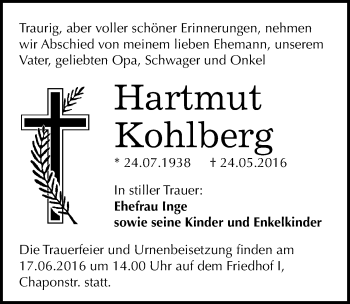 Traueranzeige von Hartmut Kohlberg von Mitteldeutsche Zeitung Dessau-Roßlau