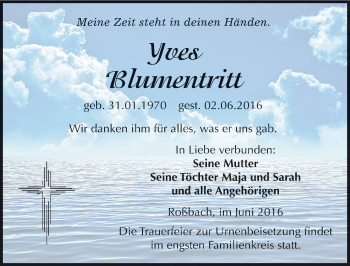 Traueranzeige von Yves Blumentritt von Mitteldeutsche Zeitung Merseburg/Querfurt