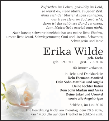 Traueranzeige von Erika Wilde von WVG - Wochenspiegel Wittenberg