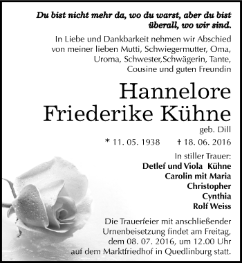 Traueranzeige von Hannelore Friederike Kühne von Mitteldeutsche Zeitung Quedlinburg